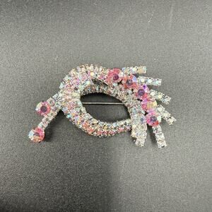 Vintage Alice Caviness Aurora Borealis Pink Rhinestone EyeShape Brooch Gold Tone